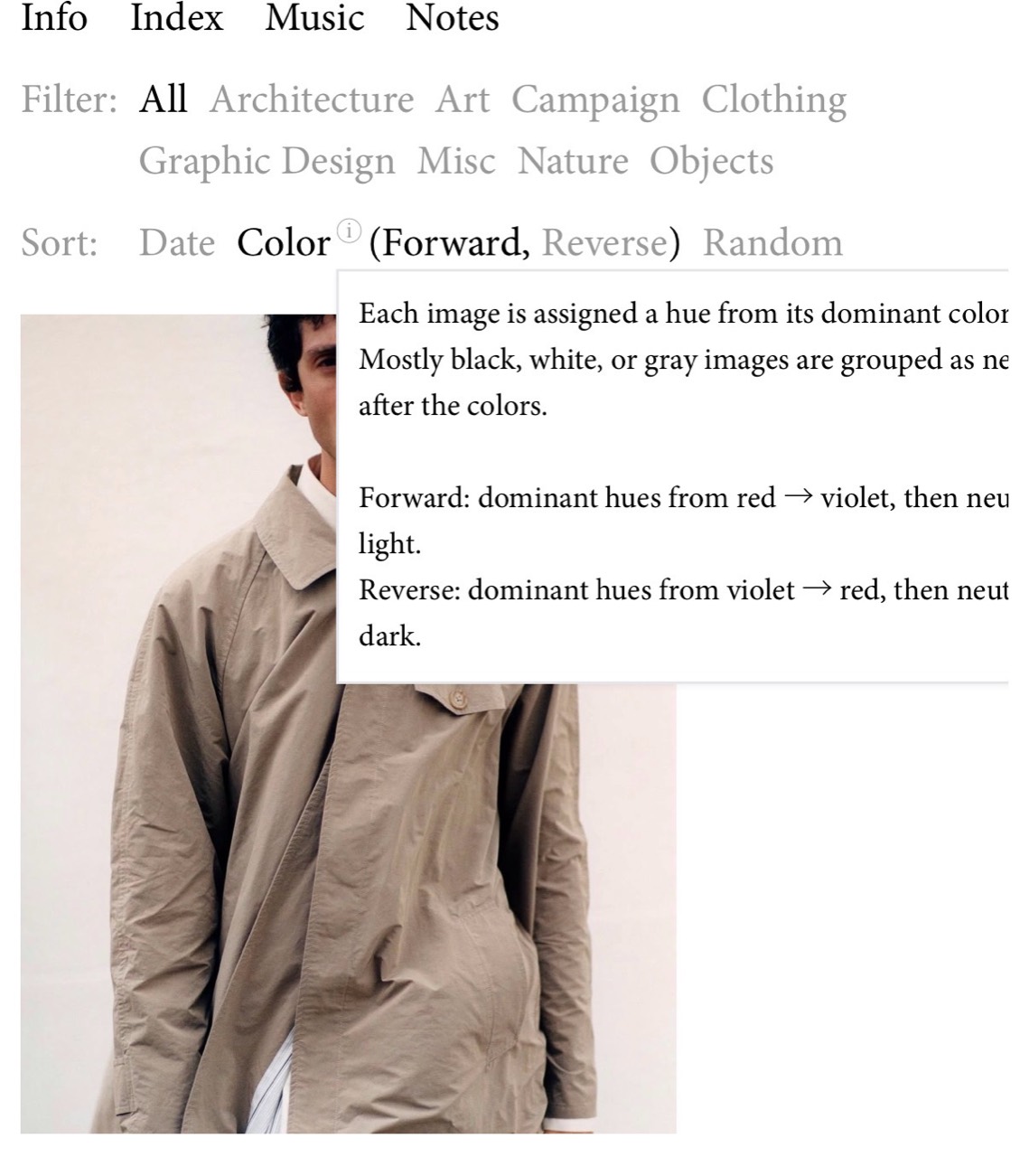 Mobile Index with the Color sorting information open